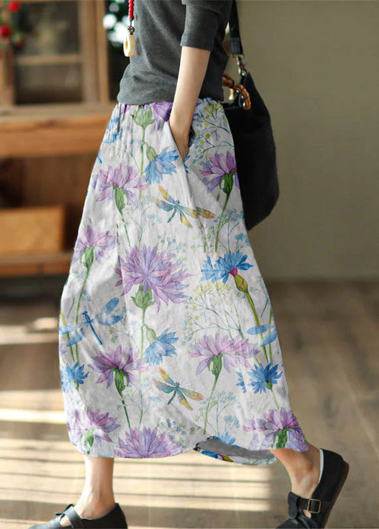 Diy White Flowers Wrinkled Exra Large Hem Print Linen Skirts Spring