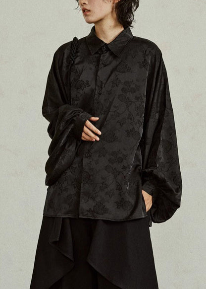 Jacquard Black Button Silk Shirts Fall