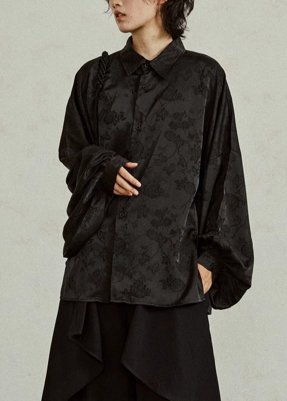 Jacquard Black Button Silk Shirts Fall