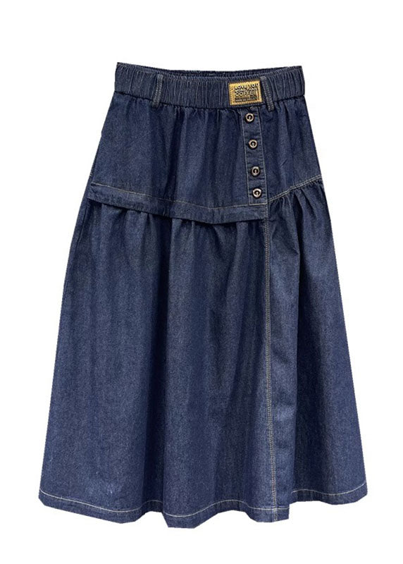 Loose Denim Blue Patchwork Button Elastic Waist a Line Skirt