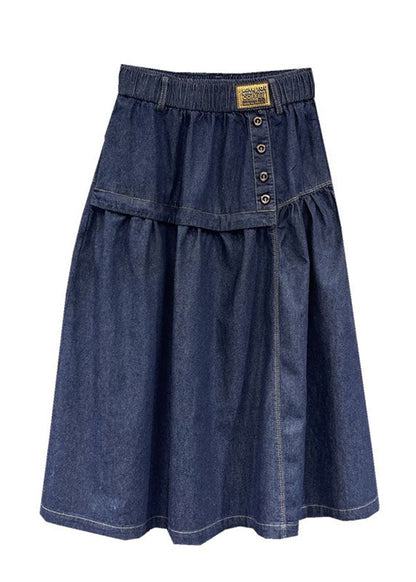 Loose Denim Blue Patchwork Button Elastic Waist a Line Skirt