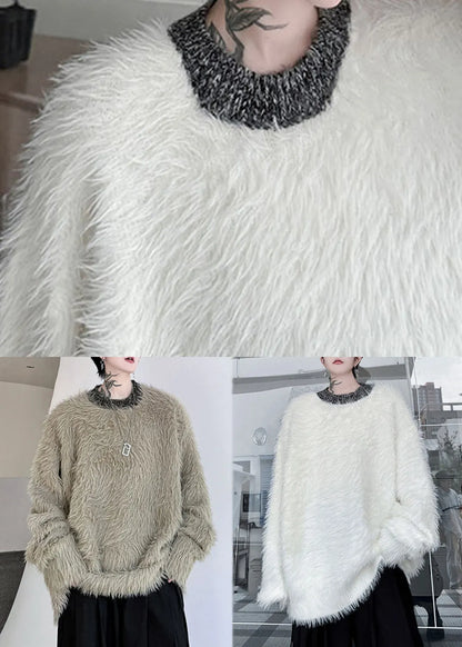 Simple Khaki O Neck Mink Velvet Sweaters Winter