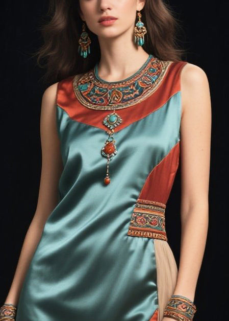 Style Sea Blue Asymmetrical Patchwork Silk Vacation Dresses Sleeveless