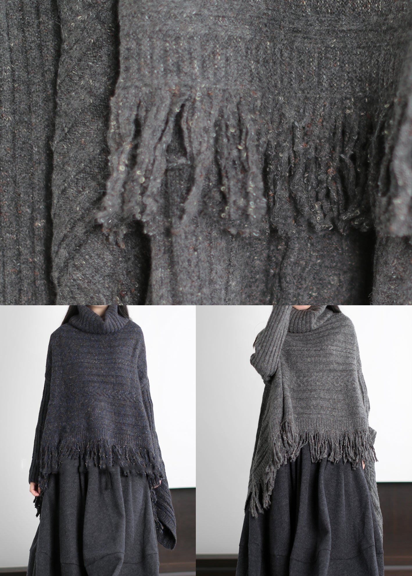 French Grey Turtle Neck Low High Design Knitted Tops Winter