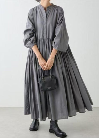Classy Grey Wrinkled Cotton Shirts Dress Spring