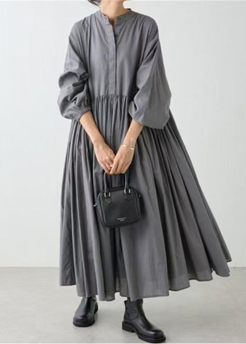 Classy Grey Wrinkled Cotton Shirts Dress Spring
