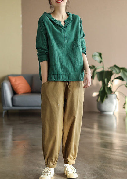 Green Button Patchwork Cotton Top Long Sleeve