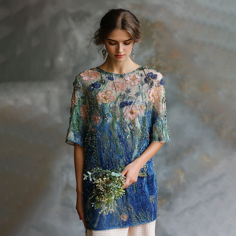 Women's Oil Painting Floral Contrast Color Sequined T-shirt elevenforest