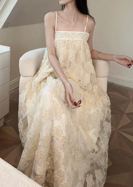 Beige Embroidered Tulle Patchwork Long Dresses Sleeveless
