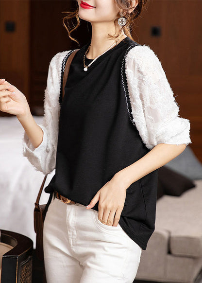 Black O Neck Patchwork Cotton Blouse Top Fall