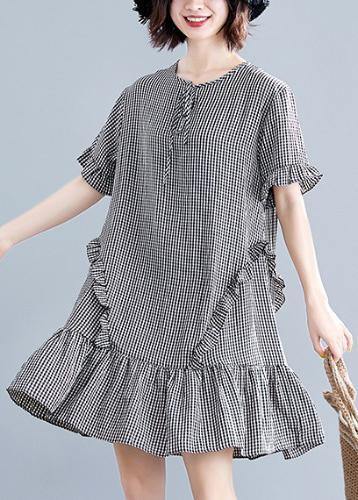 French Black Plaid Cotton Quilting Dresses O Neck Ruffles Cotton Dress