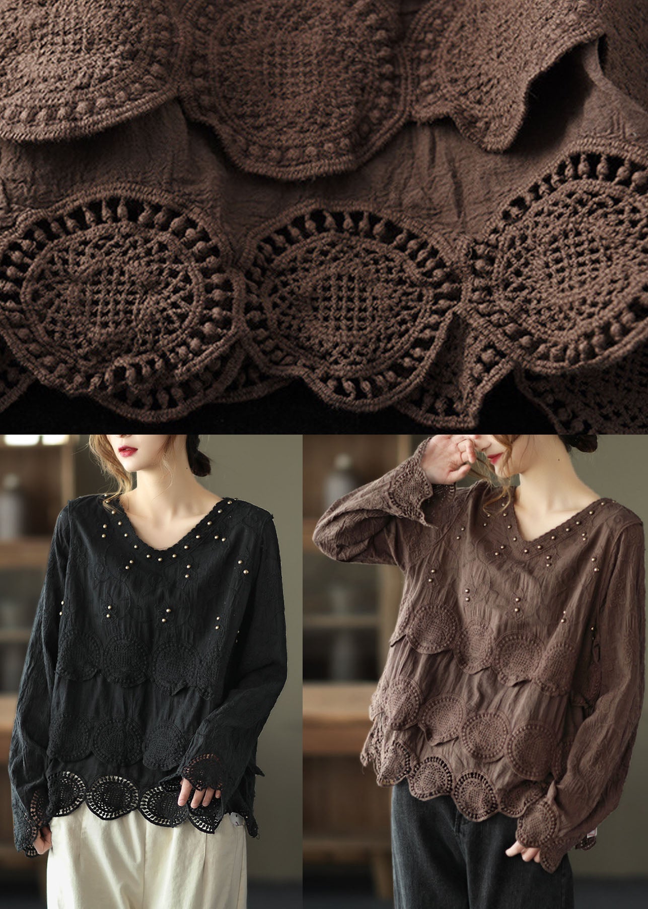 Coffee Embroideried Hollow Out Fall Long Sleeve Shirt Tops