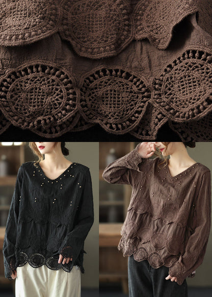 Coffee Embroideried Hollow Out Fall Long Sleeve Shirt Tops