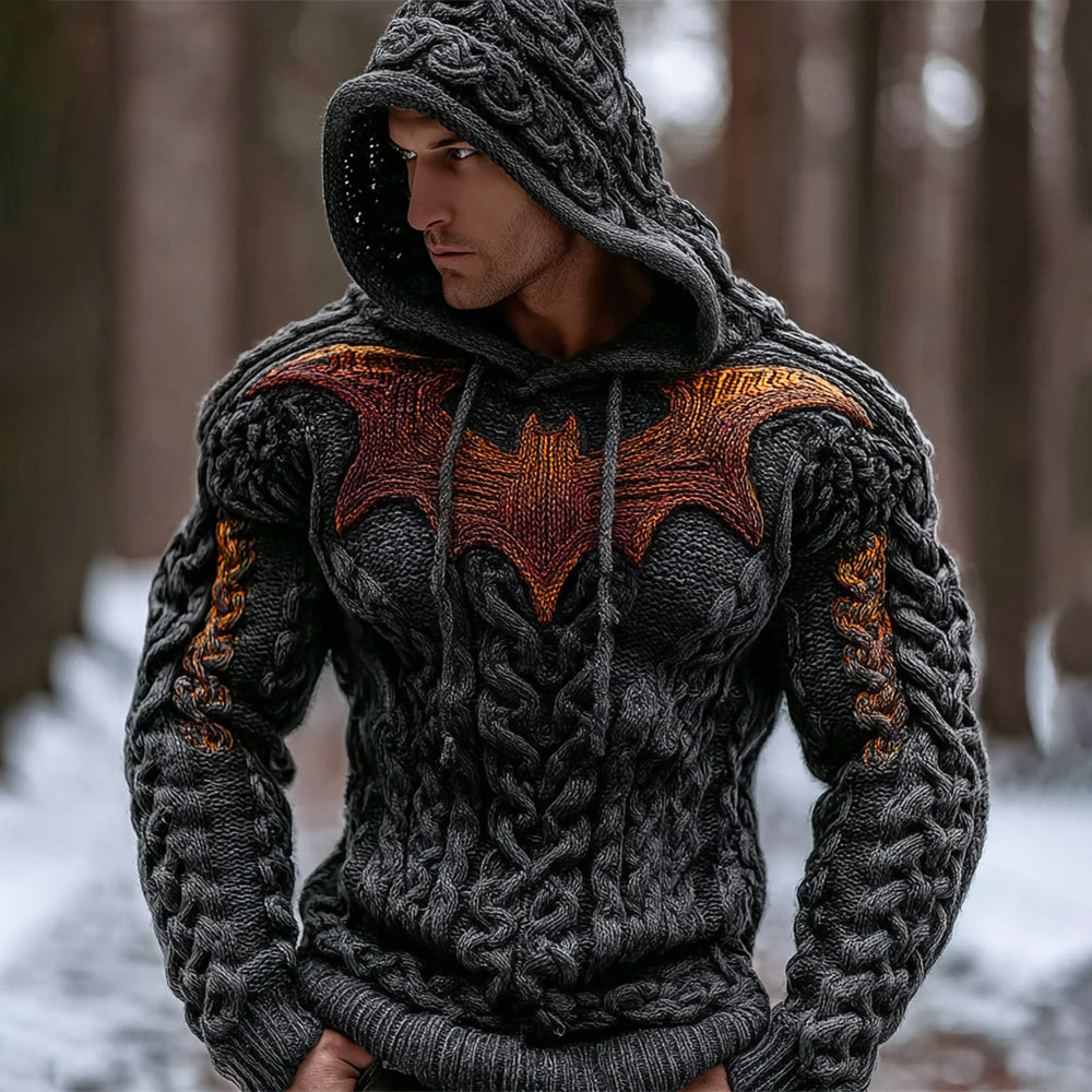 Halloween Gold Bat Art Men's Chunky Knit Hooded Sweater elevenforest