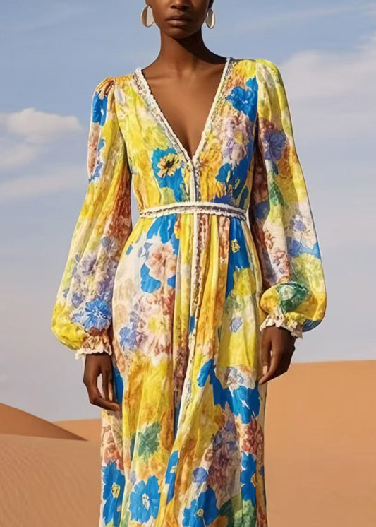 Yellow V Neck Print Chiffon Beach Dress Spring