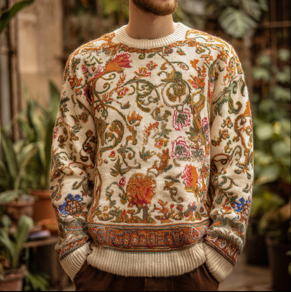 Men's Round-necked Sweater With Plant And Flower Patterns artswardrobe