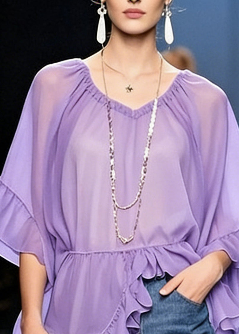 Purple Ruffled Chiffon Shirt V Neck Half Sleeve