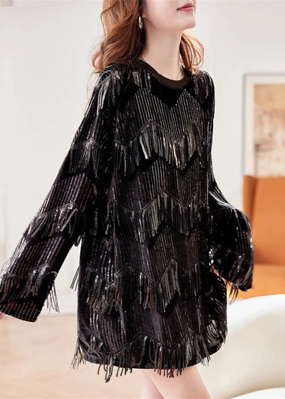 Loose Black O-neck Patchwork Tassel Silk Velvet Top Spring