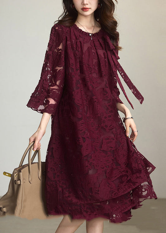 Red O-neck Chiffon Maxi Dress Fall