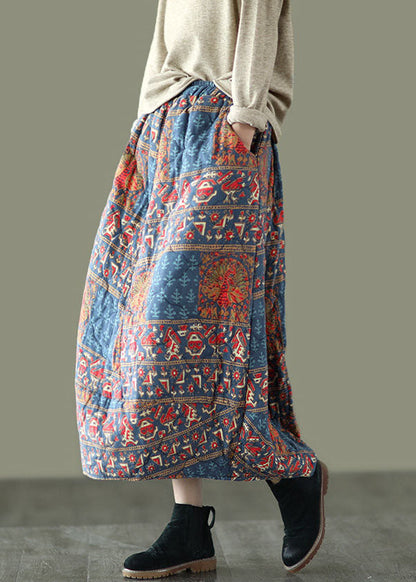Fine Elastic Waist Pockets Print Fine Cotton Filled a Line Skirt Winter