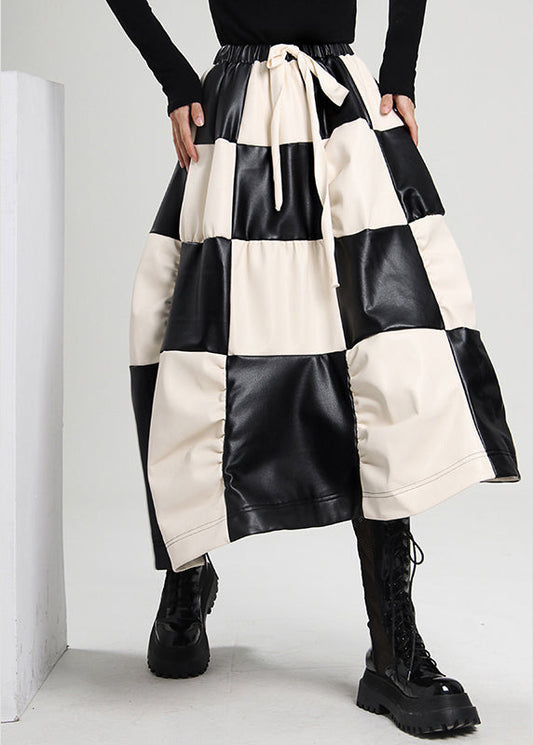 Unique Cinched Plaid Wrinkled Faux Leather Skirt Spring