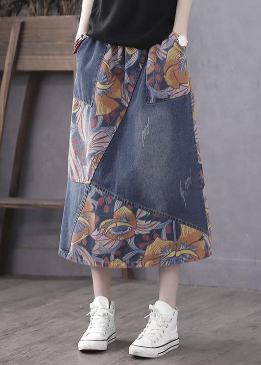 Blue Pockets Print Patchwork Elastic Waist Denim Skirt Spring