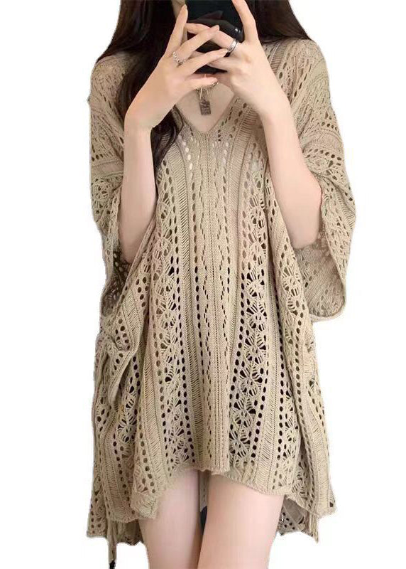 French Khaki V Neck Hollow Out Loose Knit Top Summer