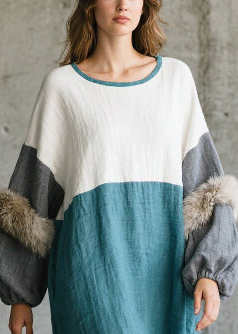 Colorblock Oversized Patchwork Faux Fur Ankle Dress Fall