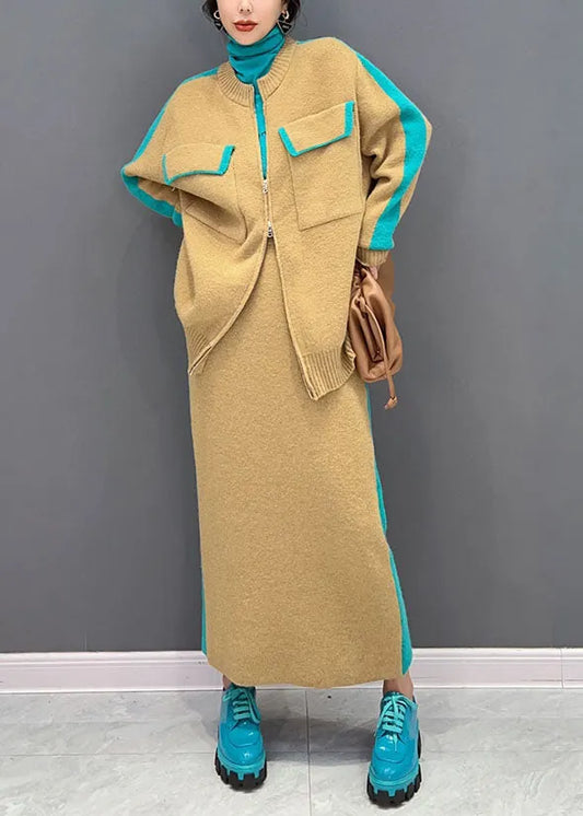 Modern Yellow Zippered Patchwork Thick Knit Cardigan and Skirt Two Pieces Set Winter