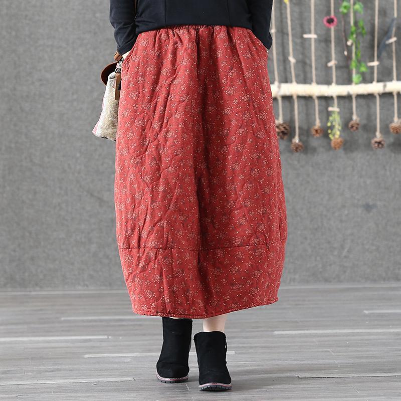 Winter Retro Linen Printed Quilted Skirt