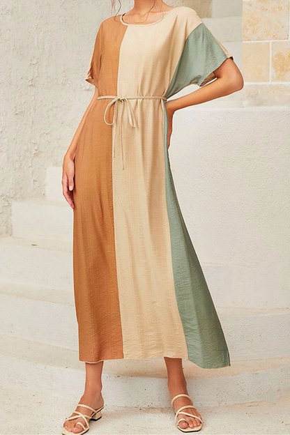 Color Lump With Belt Contrast O Neck Dresses