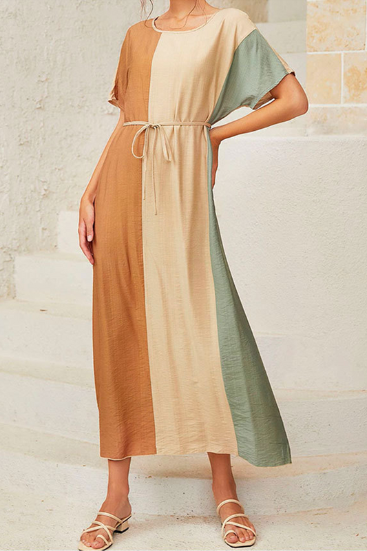 Color Lump With Belt Contrast O Neck Dresses