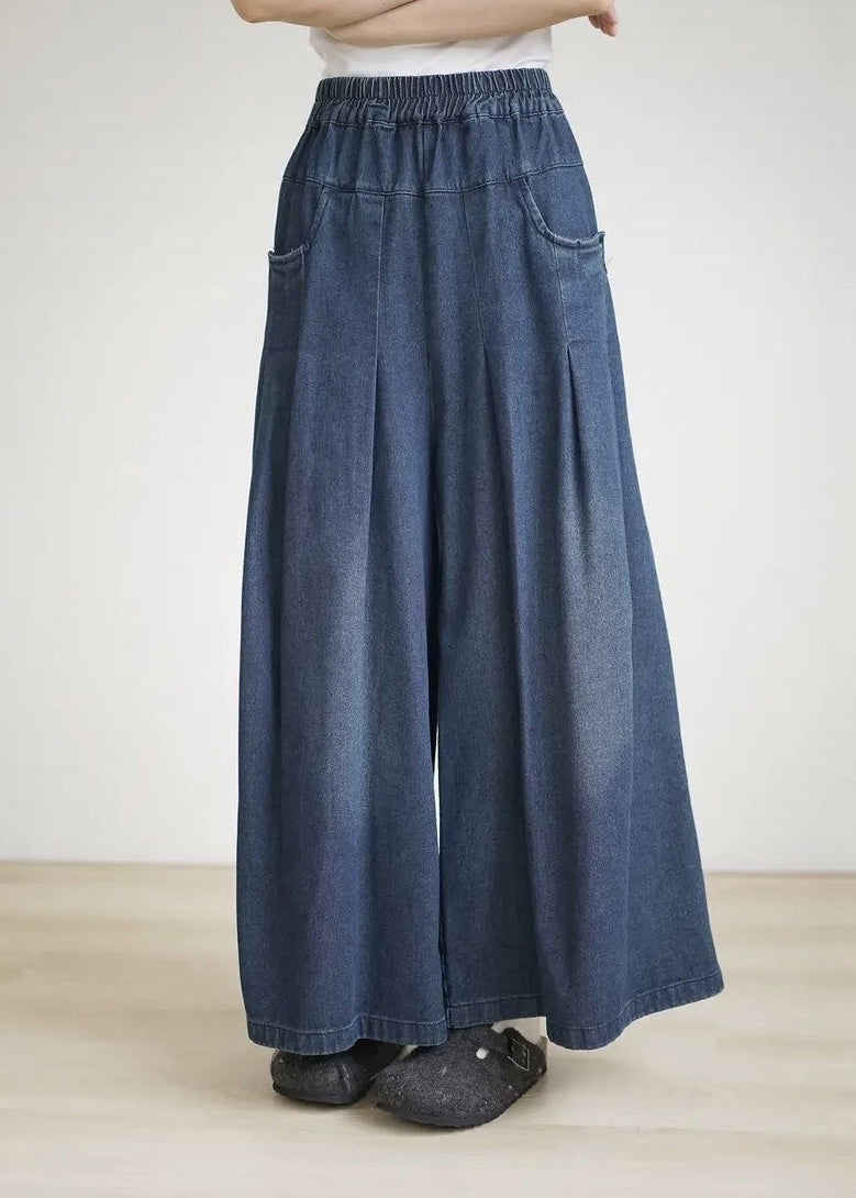 Spring Summer Blue Elastic Waist Wrinkled Wide Leg Pants