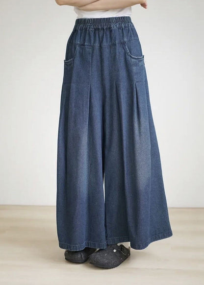 Spring Summer Blue Elastic Waist Wrinkled Wide Leg Pants