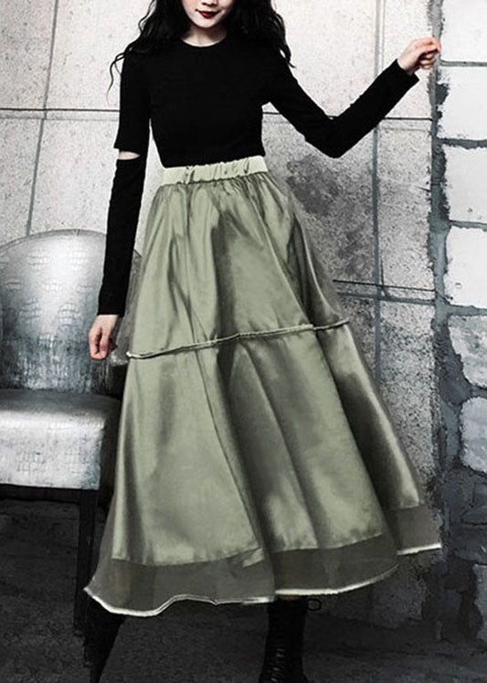 Green Patchwork Tulle Skirt Elastic Waist Spring