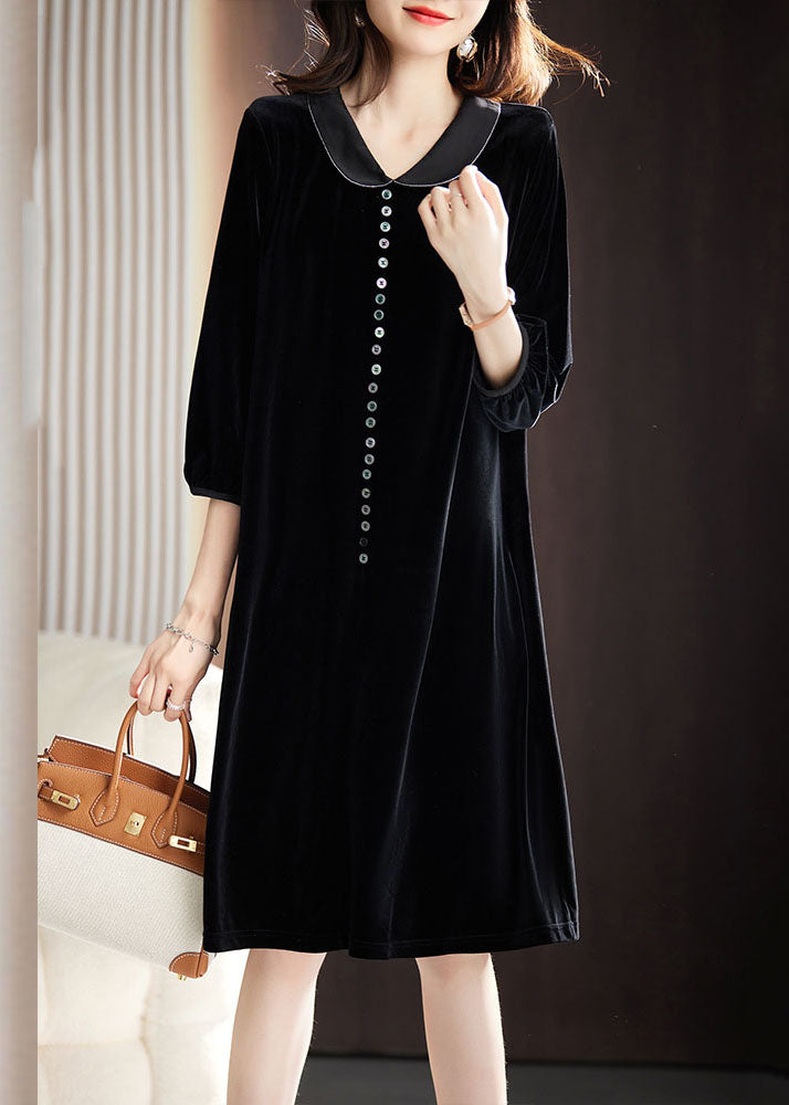 Black Peter Pan Collar Button Holiday Maxi Dress Fall