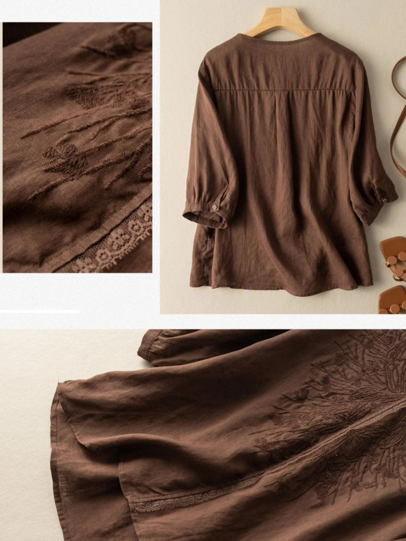 Embroidered V Neck 3/4 Sleeve Linen Tee Top