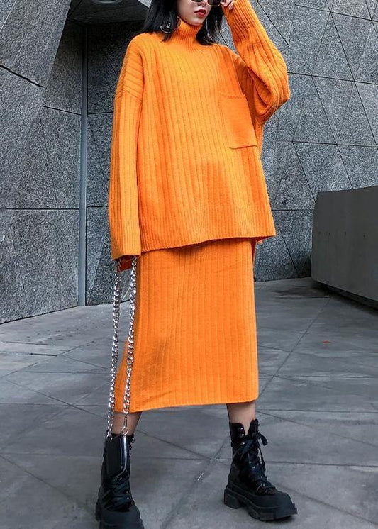 High Neck Sweater Suit Skirt Two-piece Long Over-the-knee Temperament Autumn and Winter Knitted Skirt