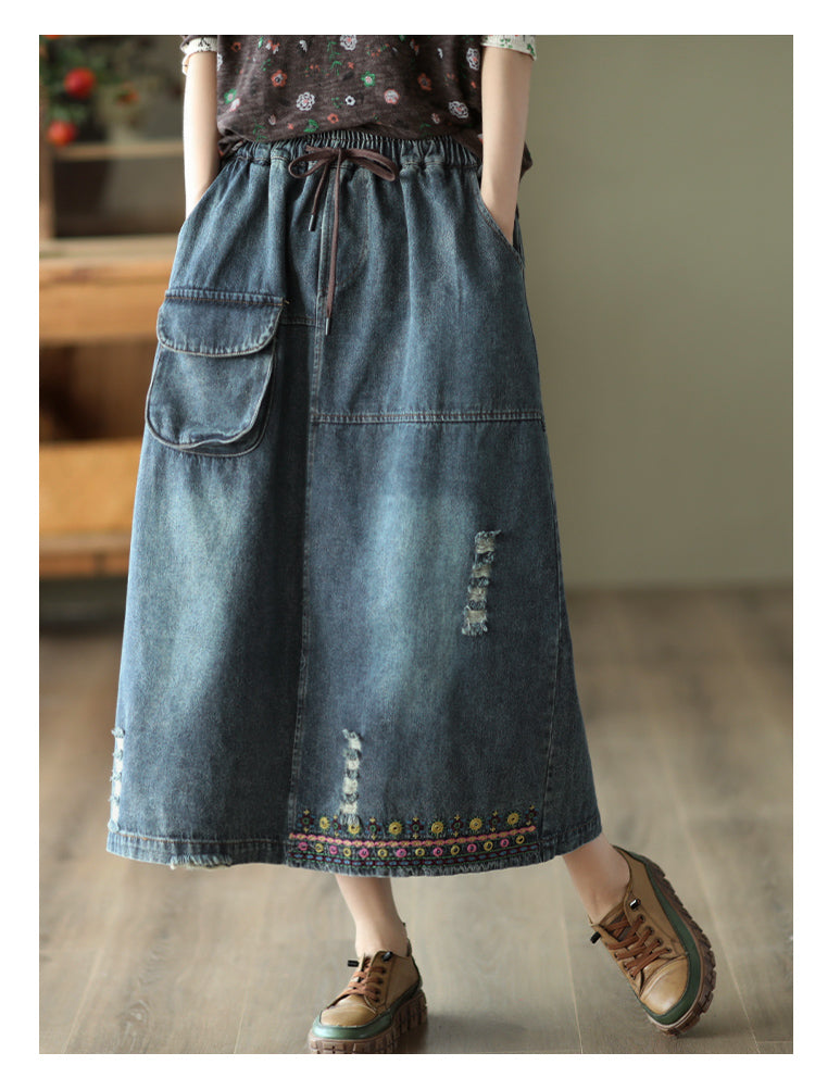 Embroidered Ripped Denim Slim A-line Skirt