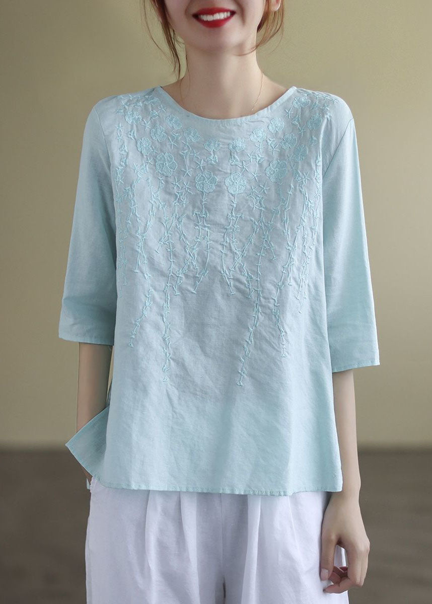 French Navy O-neck Embroideried Cotton Blouses Half Sleeve
