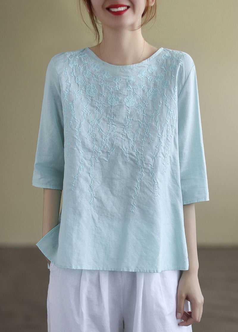 French Navy O-neck Embroidered Cotton Blouses Half Sleeve