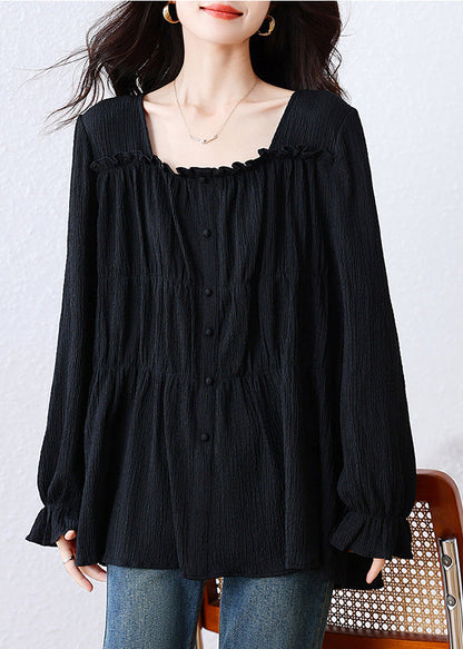Black Square Collar Wrinkled Cotton Shirt Top Fall