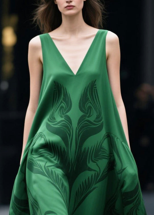 Tea Green Oversized Print Chiffon Holiday Dress Sleeveless