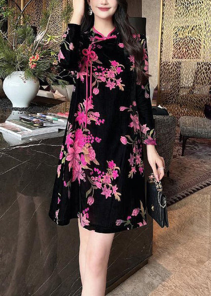 Black Chinese Button Print Silk Velour Mid Dress Long Sleeve