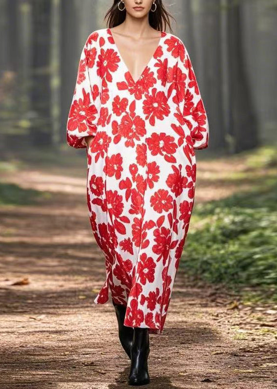 Red V Neck Print Pockets Silk Long Dresses Spring