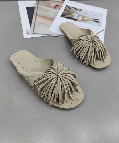 New Comfy Pink Suede Tasseled Splicing Slide Sandals
