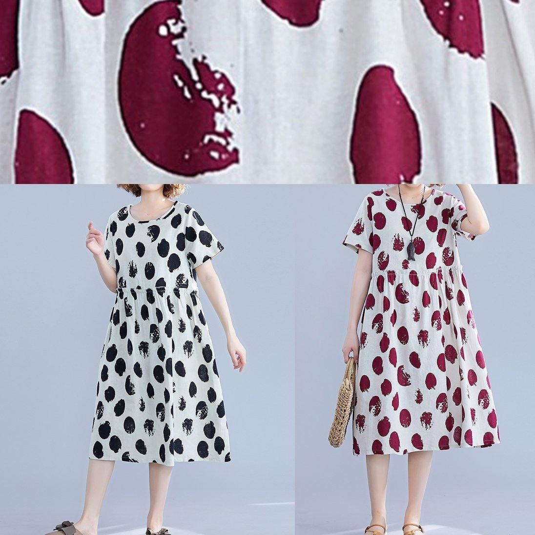 Black Dotted Cotton Tunic Pattern O Neck Short Sleeve Shift Dresses