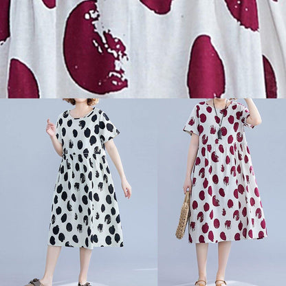 Black Dotted Cotton Tunic Pattern O Neck Short Sleeve Shift Dresses