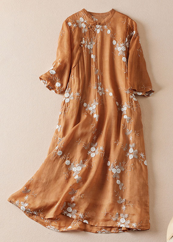 Orange Embroidered Chinese Button Patchwork Linen Dress Summer