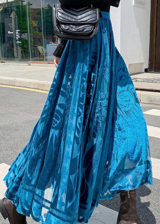 Blue Jacquard Velour Pleated Skirt Winter
